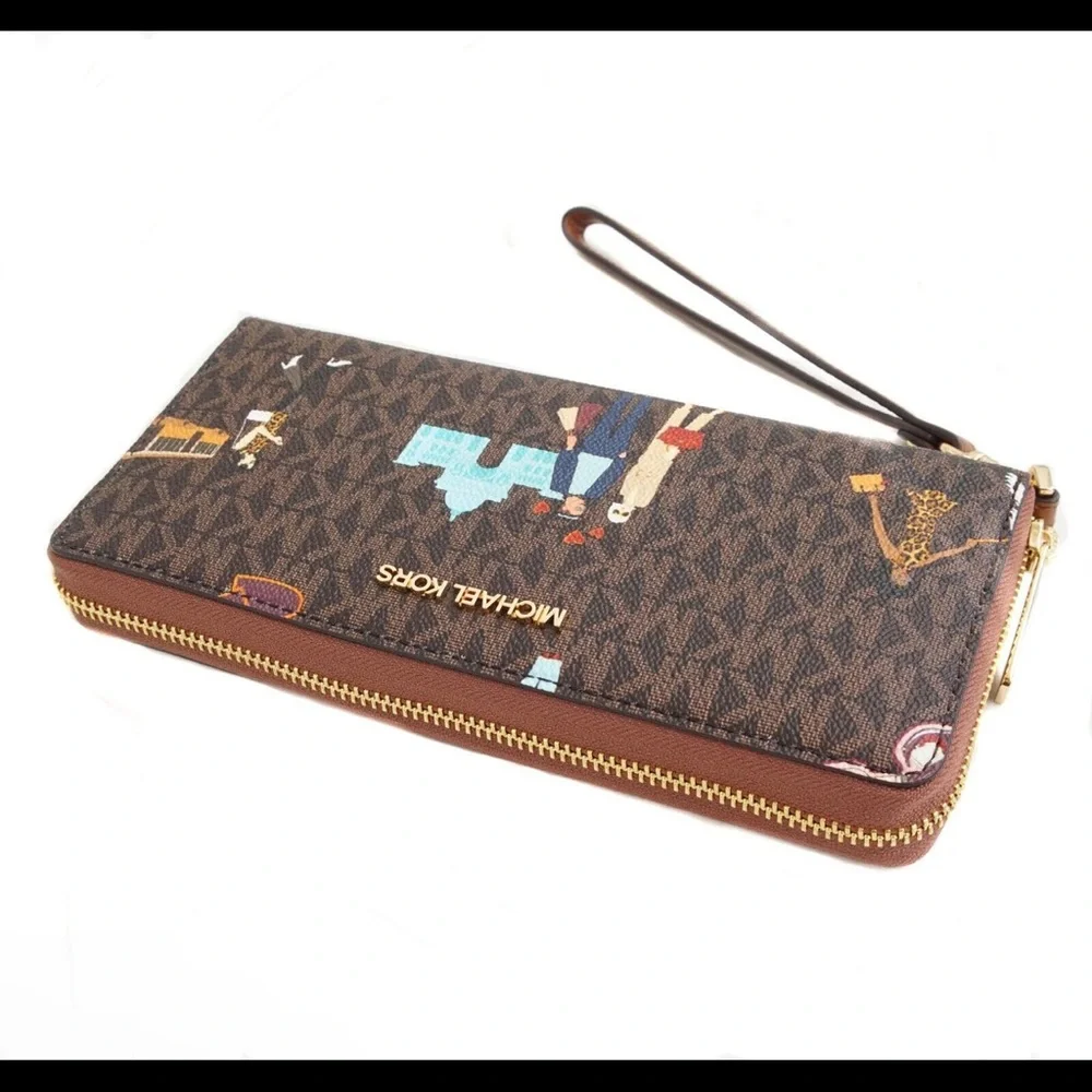 Michael Kors Jet Set Girls Large Zip Around Continental Wristlet Wallet Brown
